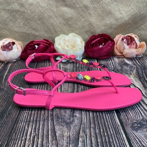 Schutz Neon Pink Eryl Embellished Thong Sandals 9B - Picture 8 of 8